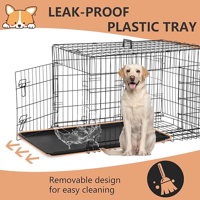 FDW Dog Crate for Large Dogs 42 Inch Folding Metal Wire Pet Cage Double Door W/Divider Panel Indoor Outdoor Kennel Leak-Proof Plastic Tray,Black