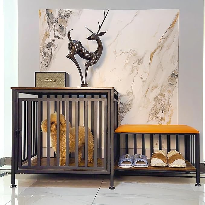 Shoe Bench Dog Crate with Storage Chew-Proof Steel-Tube Dog Cage, Indoor Pet Crate End Table for Small Dogs