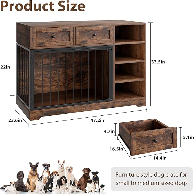 IDEALHOUSE 47” Large Dog Crate, Dog Kennel Indoor with 2 Drawers and 4 Shelves, Dog Crate Furniture TV Stand, Wooden Dog Cage for Medium Large Dogs, Brown