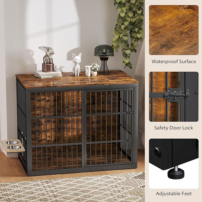 Rovibek 48 Inch Large Dog Crate with 2 Height Adjustable Dog Bowls 360° Rotatable, Cage Furniture for Large/Extra Large Dog Crate Indoor as End Table, Heavy Duty Dogs Kennel, Brown