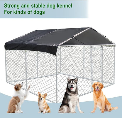 Large Outdoor Dog Kennel 9.8 x 9.8FT, Heavy Duty Outdoor Fence Dog Run, Dog Enclosure with Waterproof UV-Resistant Roof for Backyard Farm ESWE3029
