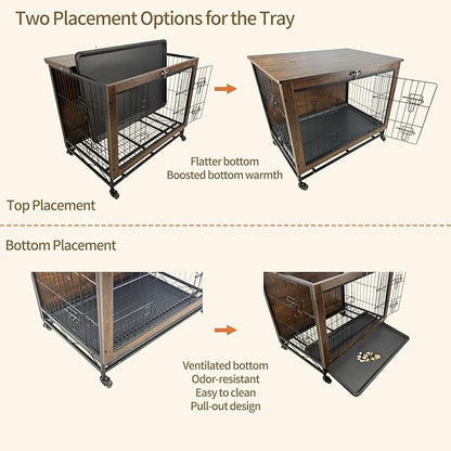 Dog Crate Furniture for Medium Dogs, Decorative Wooden Dog Kennel Cage House Indoor for Puppy Pet with Tray Cushion Foldable Top, Storage Playpen, End Side Table, Medium,31" L,Rustic Brown