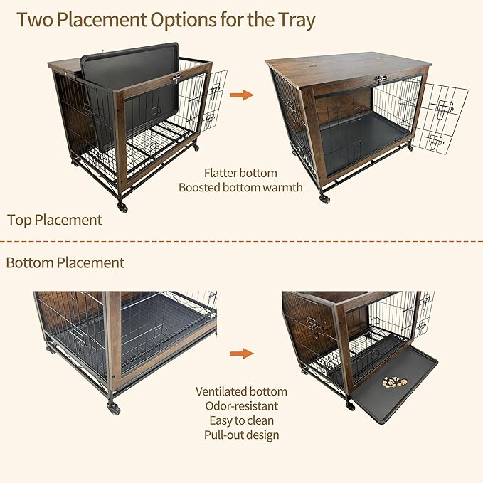 Dog Crate Furniture for Small Dogs, Decorative Wooden Dog Kennel Cage House Indoor for Puppy Pet with Tray Cushion Foldable Top, Storage Playpen, End Side Table,Small,25" L,Rustic Brown
