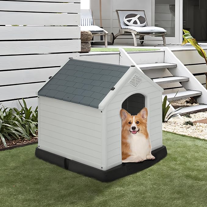 MoNiBloom Outdoor Dog House, Durable Dog Housess Indoor, Plastic Insulated Water Resistant Puppy Shelter for Small Medium Dogs, Dark Gray