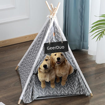 Pet Teepee, Portable Pet Tents for Small Dogs or Cats, Puppy Sweet Bed Washable Dog or Cat Houses with Cushion(Grey,24")