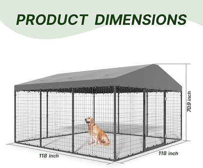 Kurapika Large Outdoor Dog Kennel, Heavy Duty Dog Cage with Waterproof Roof, Galvanized Steel Dog Fence with Double Secure Lock for Patio & Garden (118" L x 118" W x 70.9" H)