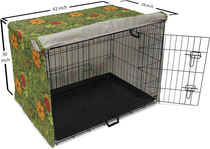 Ambesonne Floral Dog Crate Cover, Funky Flower Foliage Bush with Fractal Retro Jungle Art Design, Easy to Use Pet Kennel Cover for Medium Large Dogs, 42 Inch, Olive Green