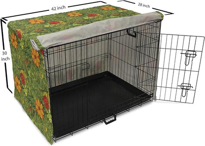 Ambesonne Floral Dog Crate Cover, Funky Flower Foliage Bush with Fractal Retro Jungle Art Design, Easy to Use Pet Kennel Cover for Medium Large Dogs, 42 Inch, Olive Green
