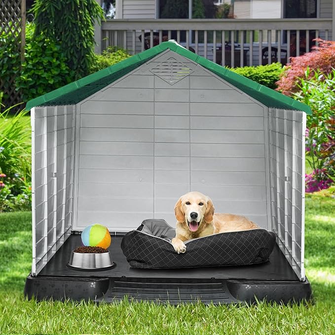 YITAHOME 41'' Large Plastic Dog House Outdoor Indoor Doghouse Puppy Shelter Water Resistant Easy Assembly Sturdy Dog Kennel with Air Vents and Elevated Floor (41''L*38''W*39''H, Green)