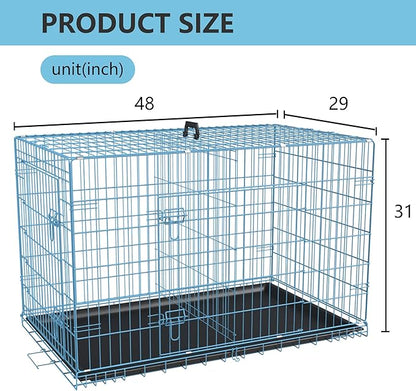 FDW Extra Large Dog Crate Dog Kennel Cage with Double Door,48 inch Folding Metal Wire Dog Cage with Removable Tray&Divider Panel,Pet Crate for Large Dogs,Blue