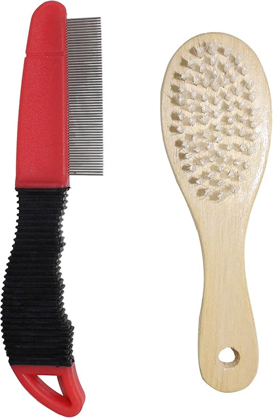 Pets First Deluxe 3 Piece Pet Brush & Comb Grooming Set - Luxury Grooming Set for Pets - Flexible Rubber Sleeve + Short Hair Pet Comb + Double Sided Detangling Brush