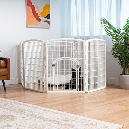 IRIS USA Dog Playpen, 8-Panel 34" Pet Playpen with Door, Puppy Playpen, Indoor/Outdoor Dog Pen, 63 x 63 x 34, Foldable, Customizable, White