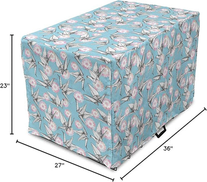 Lunarable Origami Dog Crate Cover, Japanese Tradition Paper Cranes and Cherry Blossom Petals Spring, Easy to Use Pet Kennel Cover for Medium Large Dogs, 36 Inch, Pale Pink Pale Blue White