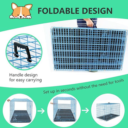 FDW 24 inch Dog Crate Dog Kennel Cage with Double Door Folding Metal Wire Dog Cage with Removable Tray&Divider Panel,Pet Crate for Small Dogs,Blue
