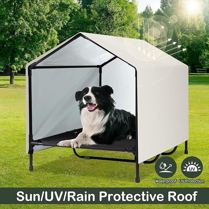 Outdoor Indoor Dog House for Large XL XXL Jumbo Dogs | XLarge Raised Elevated Dog Bed Cot with Canopy, Waterproof & Sunproof Outside Outdoor Dog Shade Shelter Tent (52" x 34" x 38")