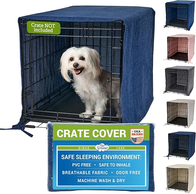 Pet Dreams Dog Crate Cover - Breathable Fabric Kennel Topper for Single-Door Crates, Fits iCrate Dog Cages 18, 24, 30, 36, 42, 48 Inches (Denim, Large, 36")