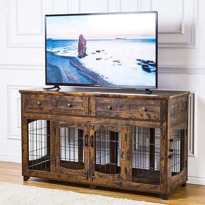 2 Rooms Dog Crate Furniture for Big Breed,58" Wooden Dog Crate Table with 2 Drawers,Indoor Dog Kennel,Dog House,Dog Cage,TV Stand (Brown)