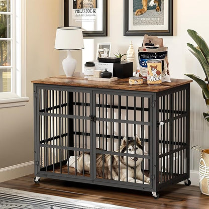 NicBex Dog Crate Furniture, 43.3" L With Double Doors, Wooden Indoor Kennel Flip-Top for Large Dogs, XL House, Rustic Brown