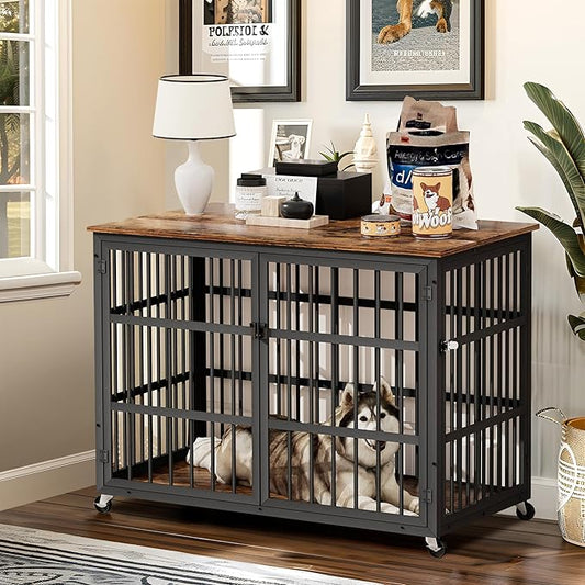 NicBex Dog Crate Furniture, 43.3" L With Double Doors, Wooden Indoor Kennel Flip-Top for Large Dogs, XL House, Rustic Brown