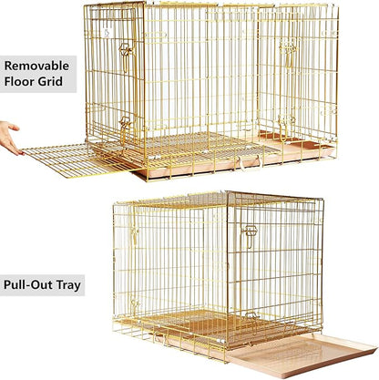 Homey Pet Large Dog Cage, Collapsible Dog Crates for Medium Dogs, Nano-Coating Metal Wire XL Big Dog Kennel Indoor with Removable Floor Grid and Tray, Double Doors, GOLD42+PINK30 Bundle