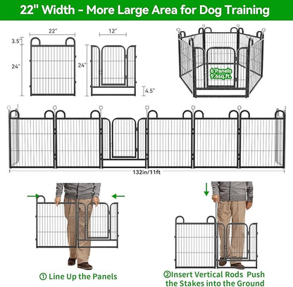 Puppy Playpen 6 Panels Small Dog Fence Outdoor Indoor Use 24" Height Anti-Rust with Doors Portable Dog Play Pen for RV Camping Yard, Total 11FT, 10 Sq.ft, Snowy Black