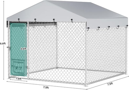 DWVO 7.5'x7.5' Large Dog Kennel Outdoor with Rotating Feeder Bowls, Outdoor Dog Pens with Roof, Heavy Duty Dog Cage for Medium Large Dogs