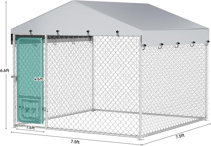 YITAHOME Outdoor Dog Kennel with Rotating Feeder Bowls, 7.5'x7.5' Outdoor Dog Enclosure with Roof, Heavy Duty Dog Cage for Medium Large Dogs