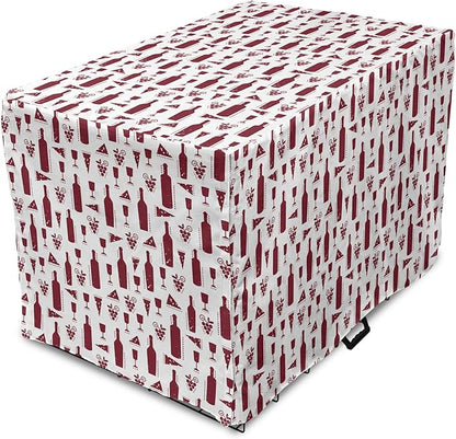 Lunarable Drinks Dog Crate Cover, Illustration of Grunge Style Wine Bottles Glasses Cheese and Grapes Vintage, Easy to Use Pet Kennel Cover for Medium Large Dogs, 48 Inch, Maroon and White