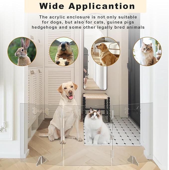 Clear Acrylic Dog Gate, 3 Panel 60" W x 24" H, Transparent Freestanding Pet Playpen Indoor, Foldable Pet Fence Barrier for Doorway with Handle/Support Feet