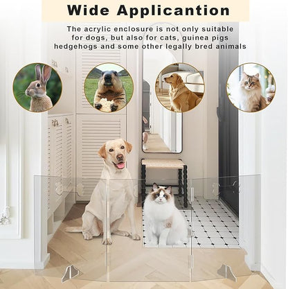 Clear Acrylic Dog Gate, 3 Panel 60" W x 24" H, Transparent Freestanding Pet Playpen Indoor, Foldable Pet Fence Barrier for Doorway with Handle/Support Feet