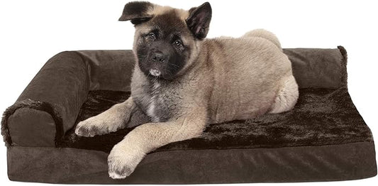 Furhaven Memory Foam Dog Bed for Medium/Small Dogs w/ Removable Bolsters & Washable Cover, For Dogs Up to 35 lbs - Plush & Velvet L Shaped Chaise - Sable Brown, Medium
