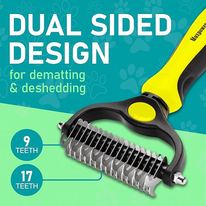 Maxpower Planet Pet Grooming Brush - Double Sided Shedding, Dematting Undercoat Rake for Dogs and Cats - Extra Wide Dog Grooming Brush - Yellow