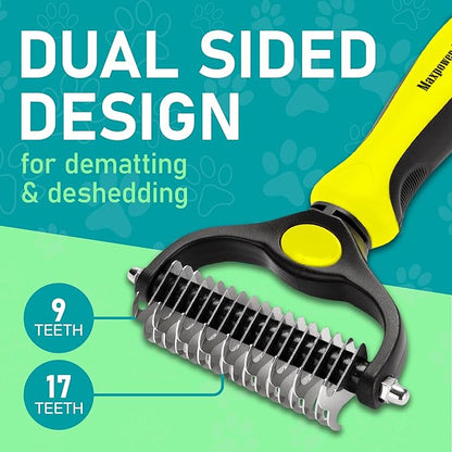 Maxpower Planet Pet Grooming Brush - Double Sided Shedding, Dematting Undercoat Rake for Dogs and Cats - Extra Wide Dog Grooming Brush - Yellow