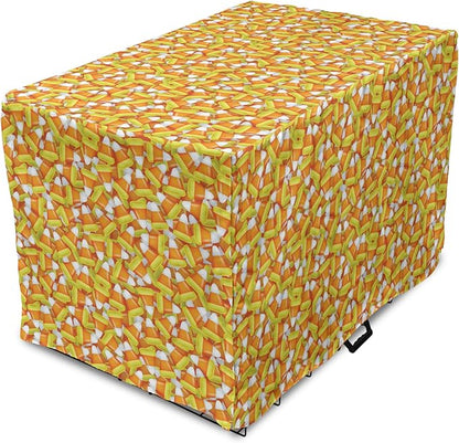 Lunarable Candy Corn Dog Crate Cover, Halloween Design of Cartoon Style Foods Scattered Randomly, Easy to Use Pet Kennel Cover for Cats & Medium Dogs, 30 Inch, Apricot Avocado Green