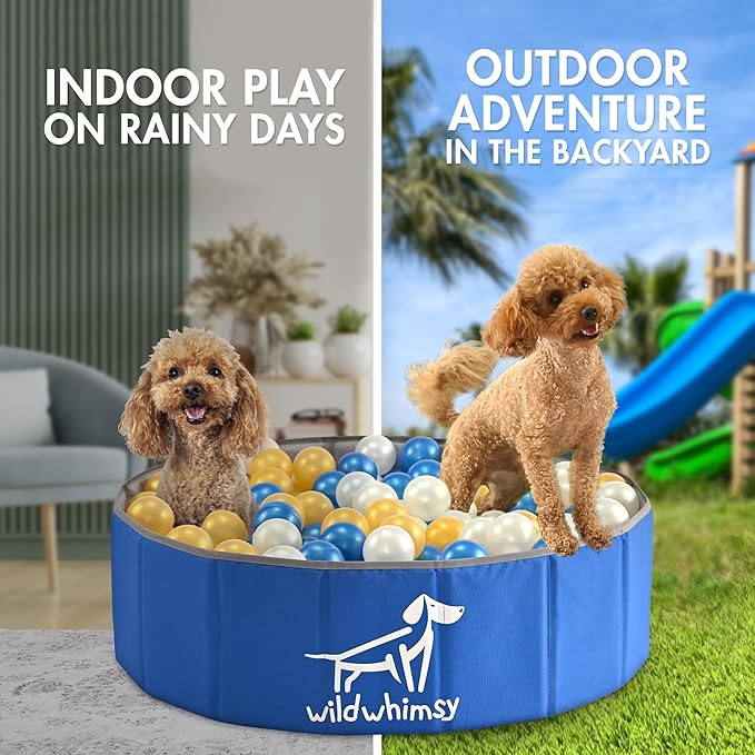 Wild Whimsy Dog Ball Pit - Combo Pack 32" Inch Small Foldable Ball Pit for Dogs with Rope Tug Ball Toy -Indoor Outdoor Playpen with Metal Reinforcement Ring - Storage Case Included