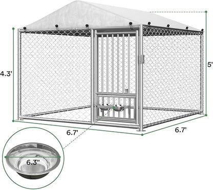 Rovibek Outdoor Dog Kennel with Roof, 6.7 X 6.7 Outside Kennel Heavy Duty Dog Run Fence with Waterproof Sun-Proof Cover, Outside Dog Playpen with 2 Stainless Steel Bowls