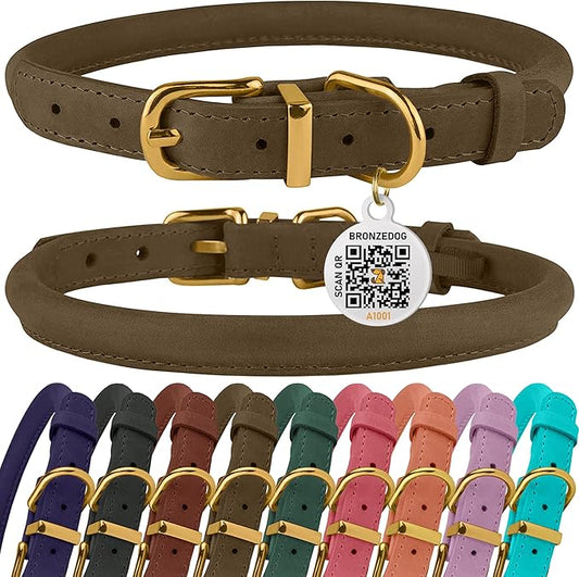 BRONZEDOG Rolled Leather Dog Collar with QR ID Tag Adjustable Soft Round Collars for Small Medium Large Dogs Puppy Cat (19" - 21" Neck Size, Nut Brown)
