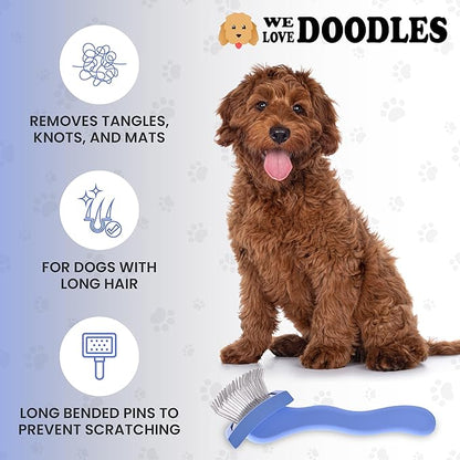 Slicker Brush for Dogs, Dog Grooming Supplies - Best Doodle & Poodle Brush for Long Haired Dogs - Goldendoodle Long Pin Dentangler Brush For Dematting (Small Curved)
