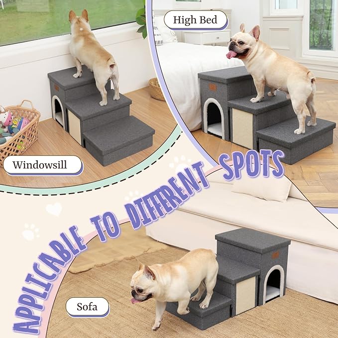 downluxe Dog Stairs for Small Dogs, Foldable Dog Steps for Bed, Sofa and Chair, Non-Slip Pet Steps with Cat Scratcher and Condo (3-Step Pet Stairs, Dark Grey)