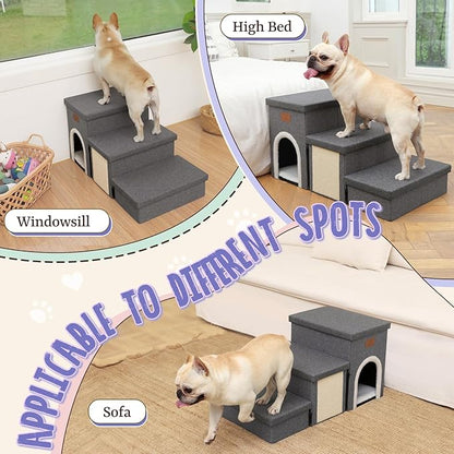 downluxe Dog Stairs for Small Dogs, Foldable Dog Steps for Bed, Sofa and Chair, Non-Slip Pet Steps with Cat Scratcher and Condo (3-Step Pet Stairs, Dark Grey)