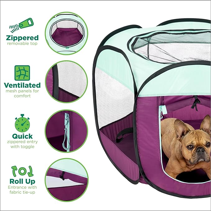 Furhaven Portable Dog Playpen Cat Tent, Pet Playground/Kennel Foldable Indoor Outdoor Zippered Puppy Crate - Purple, Large