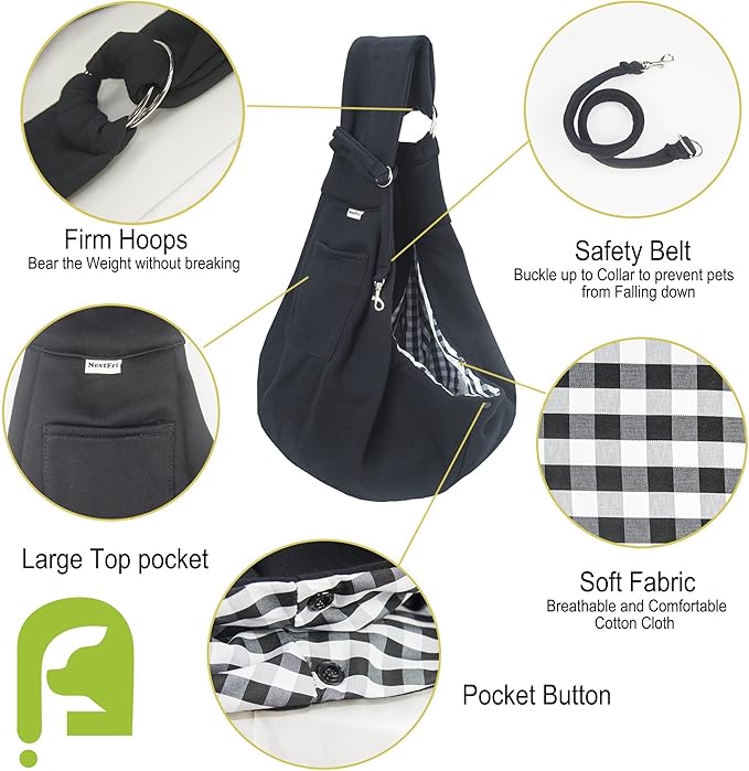 Pet Sling Carrier Adjustable Shoulder Strap Puppy Tote Hands Free Reversible Pet Backpack for Outdoor Travel Classci Black