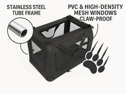 3-Door Collapsible Dog Crates for Medium Dogs, Cats, Rabbit, Foldable Soft Kennel Indoor & Outdoor with Steel Tube Frames, Portable Pet Playpen Career with Reinforced Mesh, 27x20x20 inches, Black