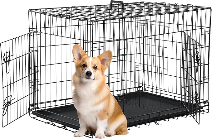 FDW 30 inch Dog Crate Dog Kennel Cage with Double Door Folding Metal Wire Dog Cage with Removable Tray&Divider Panel,Pet Crate for Medium Dogs,Black