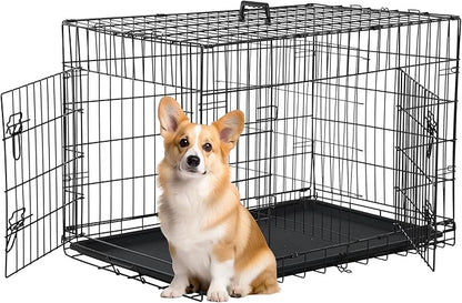 FDW 30 inch Dog Crate Dog Kennel Cage with Double Door Folding Metal Wire Dog Cage with Removable Tray&Divider Panel,Pet Crate for Medium Dogs,Black