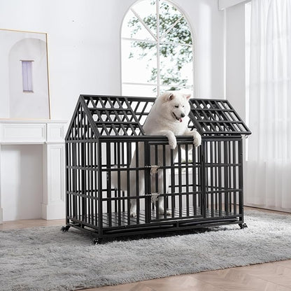 NicBex 51.2 Inch Heavy Duty Dog Crate Strong Metal Pet Kennel Playpen and Crate with Roof,Removable Trays and 4 Lockable Wheels,Furniture Style Dog Crate for Medium/Large Dogs,Black