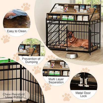 KEIKI 43" Large Dog Crate End Table, Wooden Heavy Duty Crate with Divider, Rustic Brown Indoor Furniture for Large Dogs (43.3" L x 27.6" W x 42.5" H)