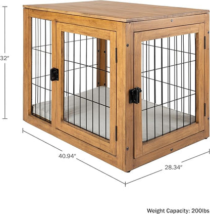 Furniture-Style Dog Crate - Acacia Wood Kennel for Large Dogs with Double Doors and Cushion - Dog Kennel Furniture by PETMAKER (Natural)