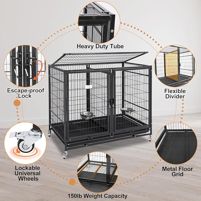 Homey Pet Stackable 43 inch Dog Crate Cage Kennel Indoor with Divider, 2X Steel Bowls, 4X Lockable Wheels, Tray, Heavy Duty Wire Dog Crates for Large/Medium/Small Dogs (Tall Model)