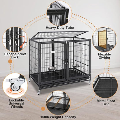 Homey Pet Stackable 43 inch Dog Crate Cage Kennel Indoor with Divider, 2X Steel Bowls, 4X Lockable Wheels, Tray, Heavy Duty Wire Dog Crates for Large/Medium/Small Dogs (Tall Model)